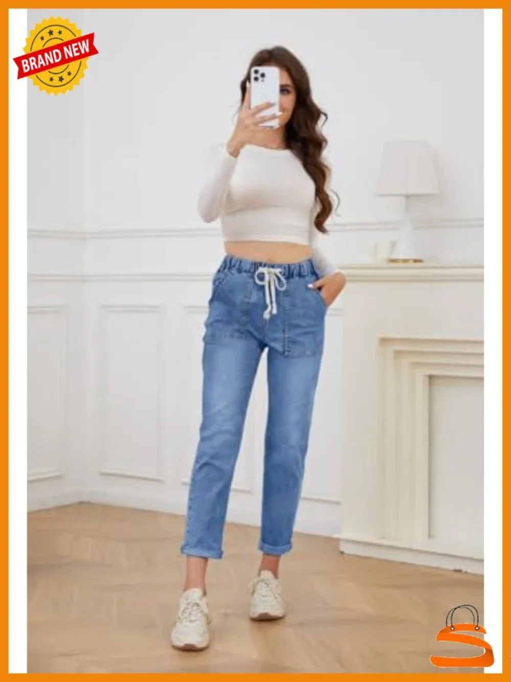 Womens Pull-on Jeans Stretch High Waisted Elastic Waist Denim Joggers Pants